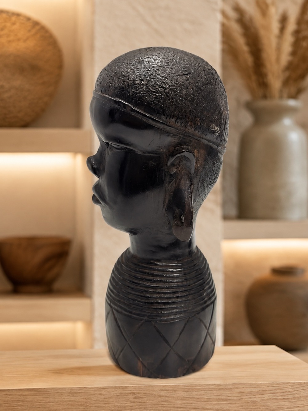 Vintage Hand Carved Ebony Wood African Bust Kenyan Tribal Art Figurine